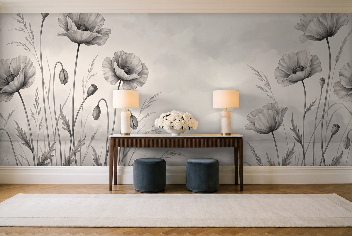 Black And White Poppy Floral Mural in an entryway