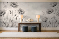 Black And White Poppy Floral Mural in an entryway