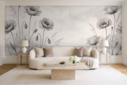Black And White Poppy Floral Mural
