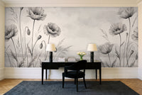 Black And White Poppy Floral Mural in a home office