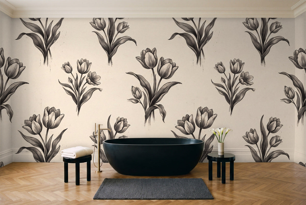Black And White Tulip Floral Mural in a bathroom