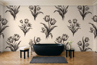 Black And White Tulip Floral Mural in a bathroom