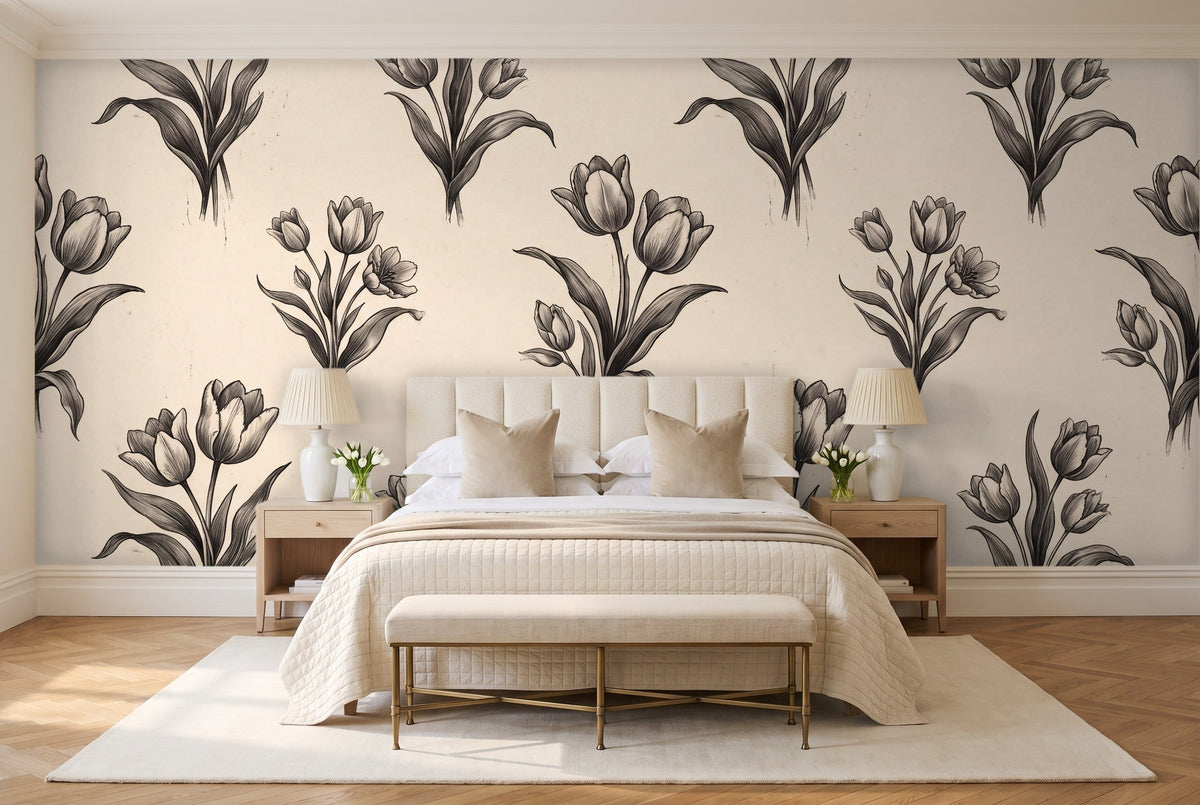 Black And White Tulip Floral Mural in a bedroom