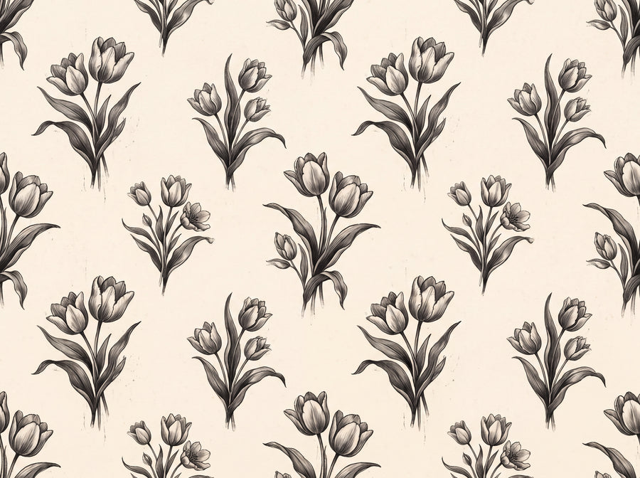 Black And White Tulip Floral Mural, preview of the area printed on your wall