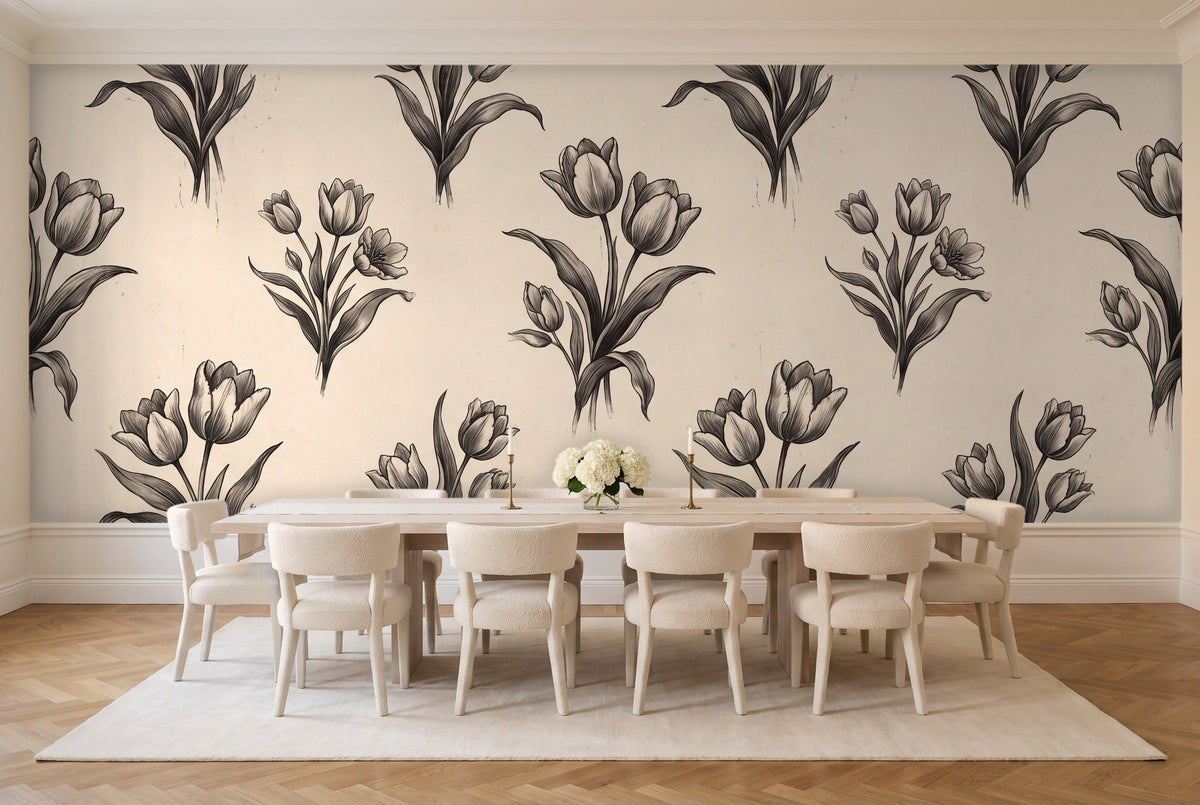 Black And White Tulip Floral Mural in a dining room