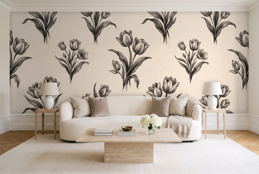 Black And White Tulip Floral Mural on a wall
