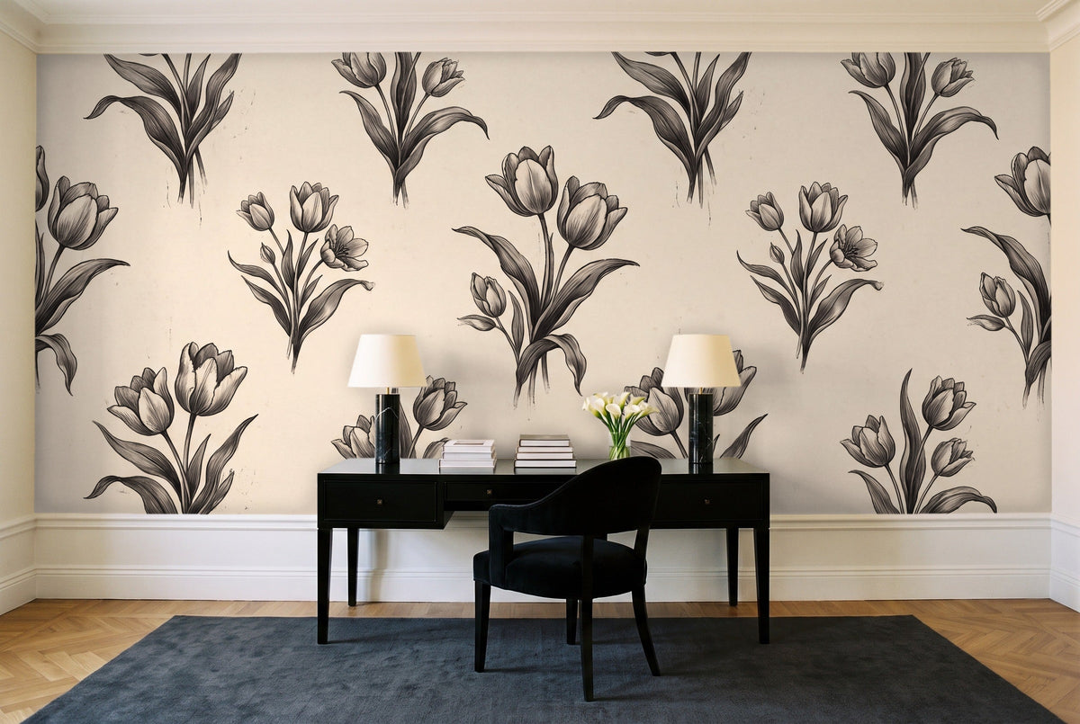 Black And White Tulip Floral Mural in a home office