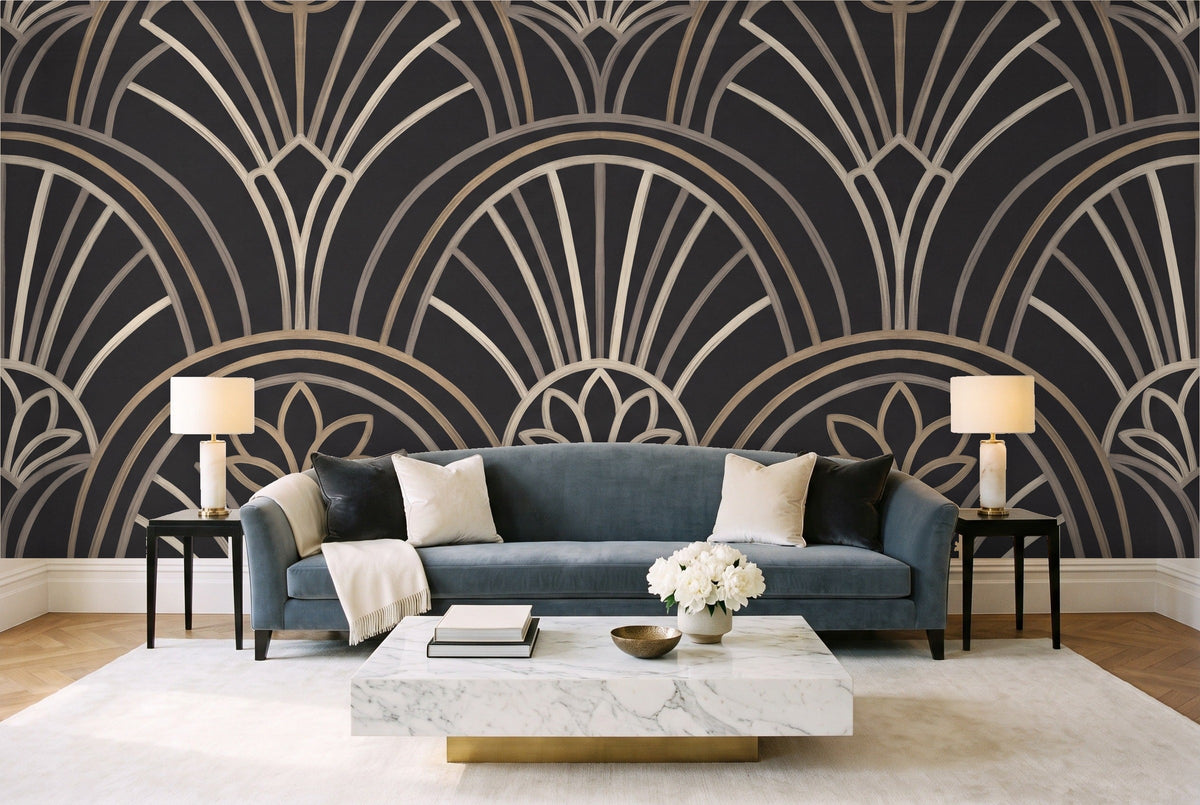 Black Art Deco Mural in a living room