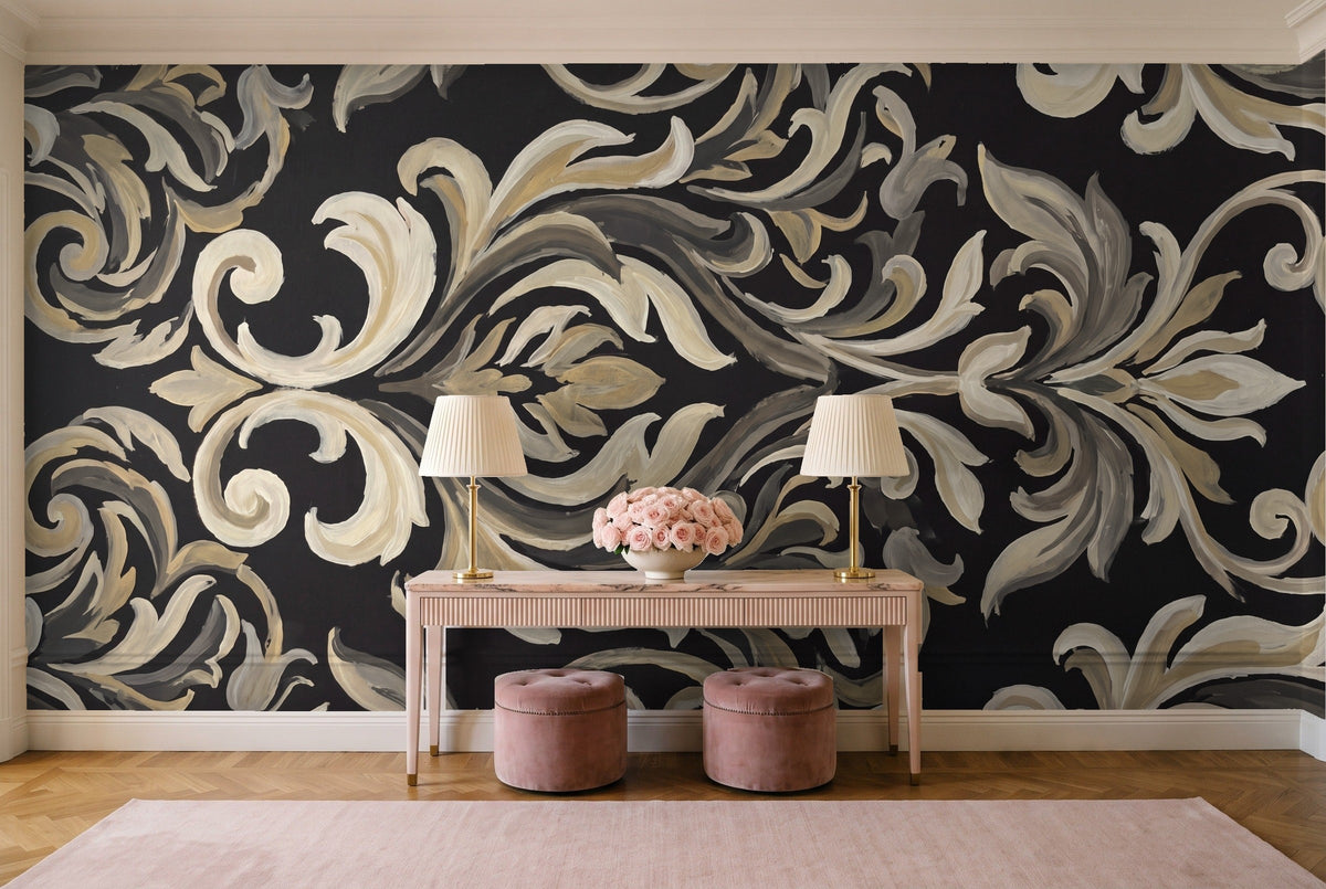 Black Damask Mural in an entryway