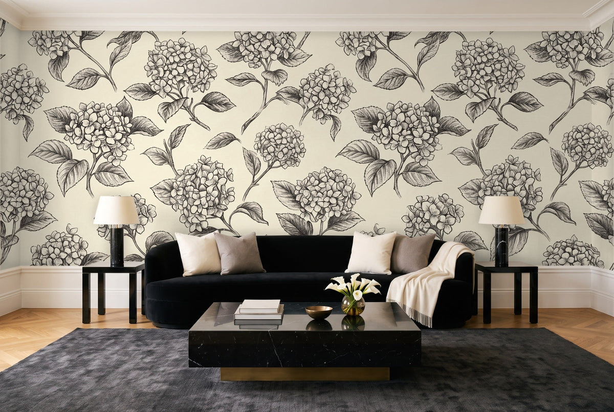Black And White Hydrangea Floral Mural in a living room