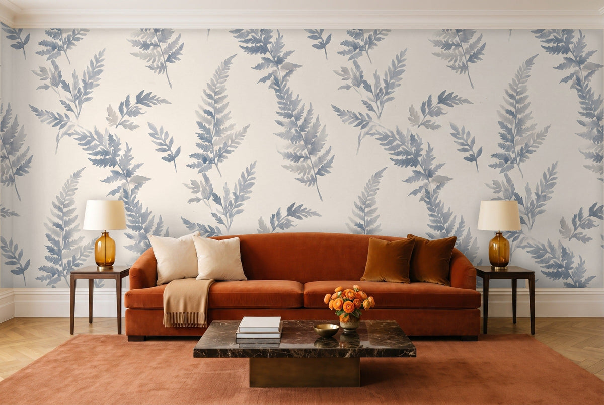 Blue And Grey Fern Botanical Mural in a living room