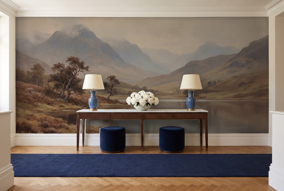 Blue And Grey Highlands Landscape Mural in an entryway