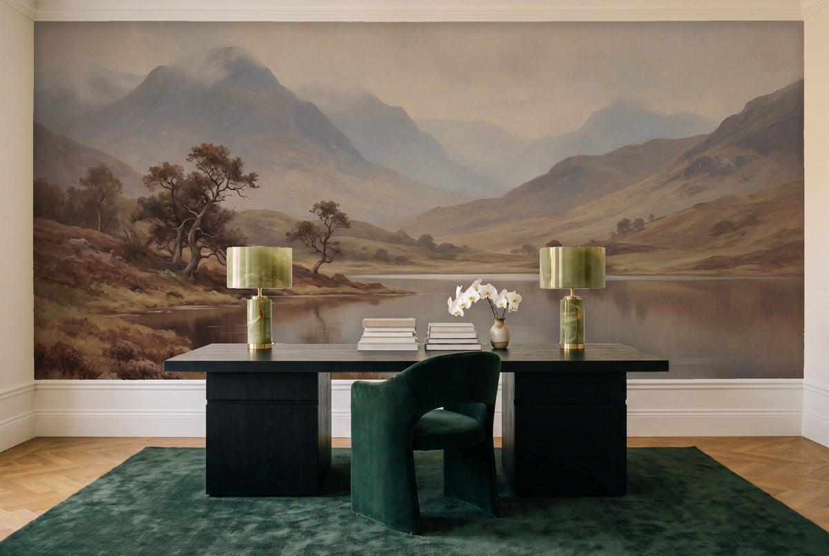Blue And Grey Highlands Landscape Mural in a home office