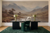 Blue And Grey Highlands Landscape Mural in a home office