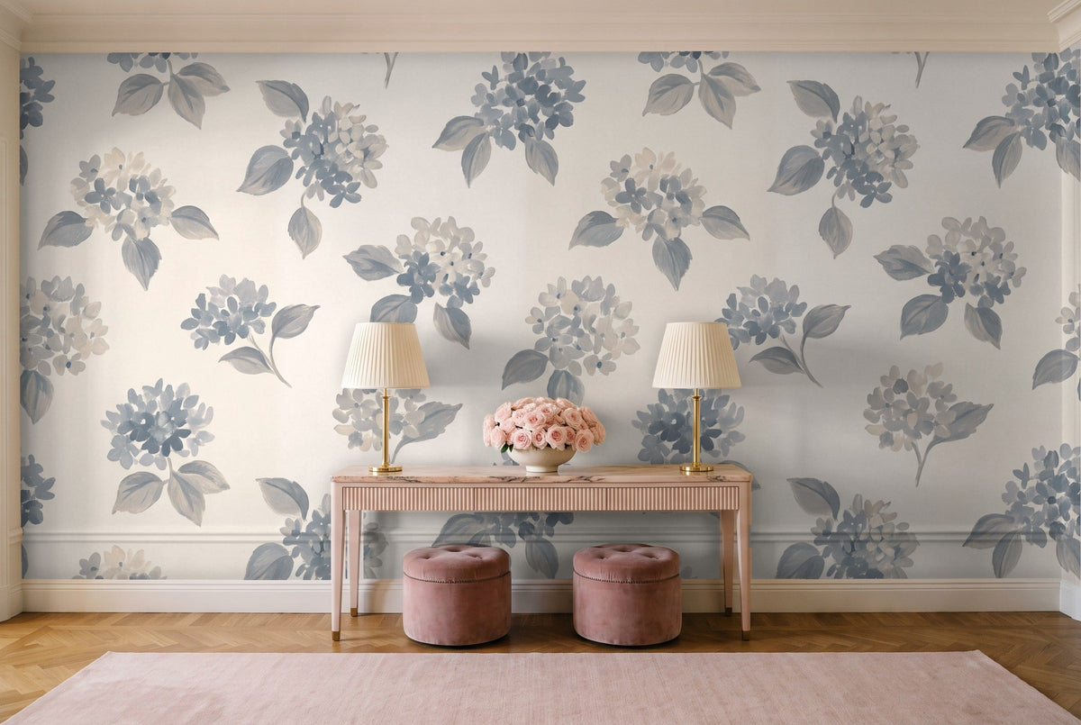 Blue And Grey Hydrangea Floral Mural in an entryway