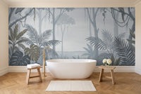 Blue And Grey Jungle Tropical Mural in a bathroom