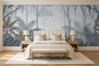 Blue And Grey Jungle Tropical Mural in a bedroom