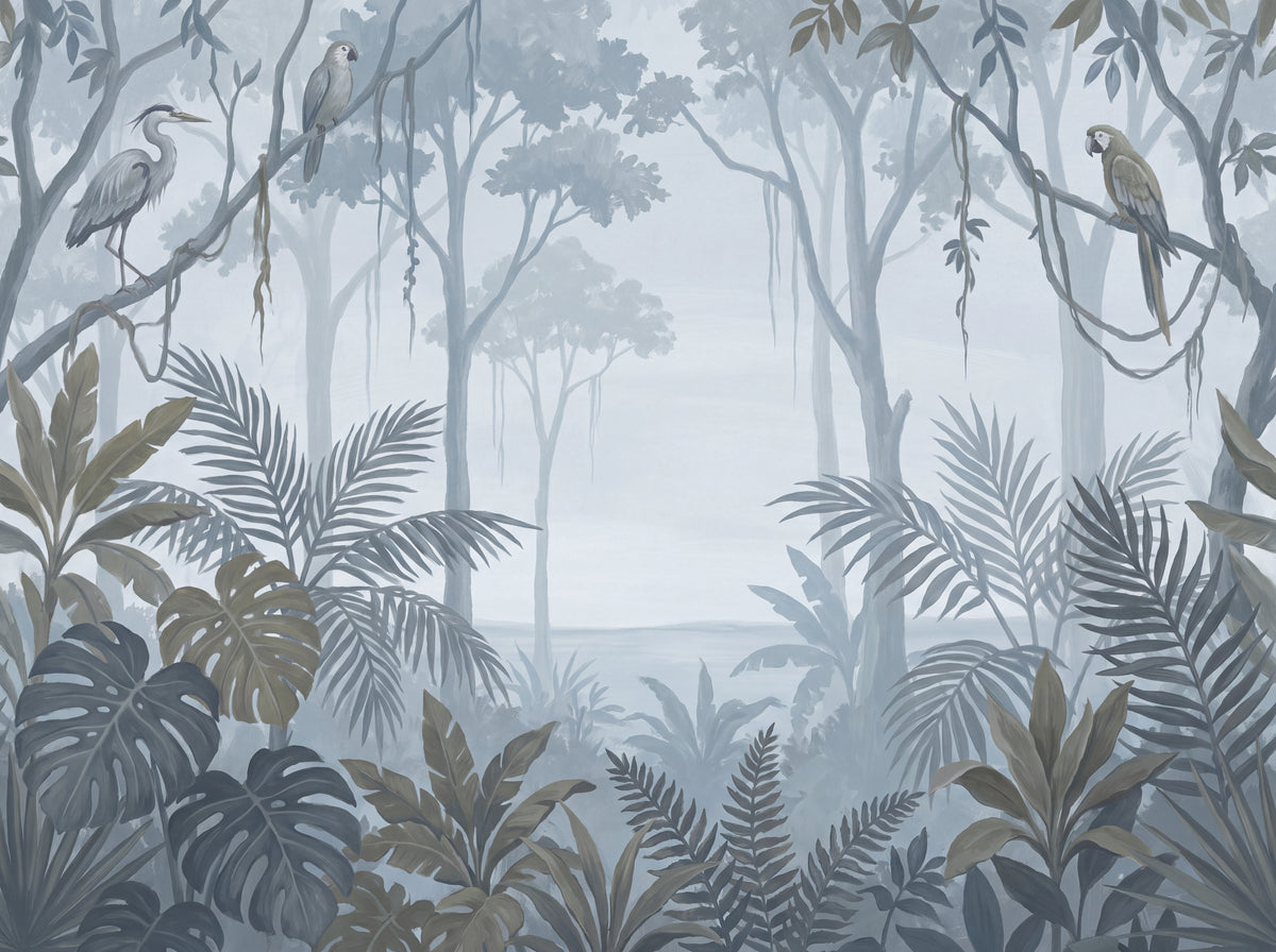 Blue And Grey Jungle Tropical Mural design