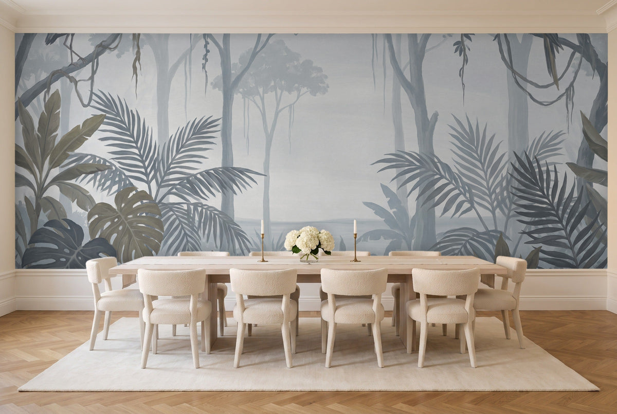 Blue And Grey Jungle Tropical Mural in a dining room