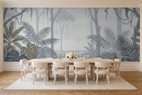 Blue And Grey Jungle Tropical Mural in a dining room
