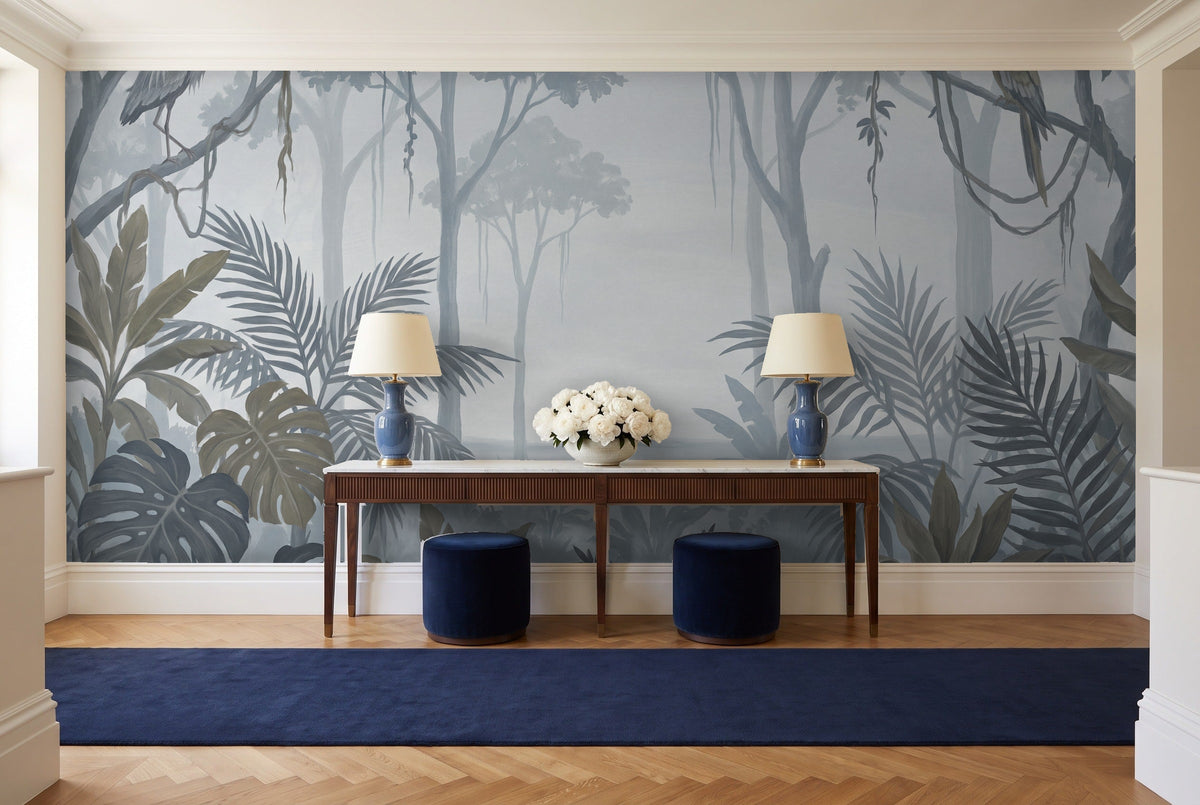 Blue And Grey Jungle Tropical Mural in an entryway