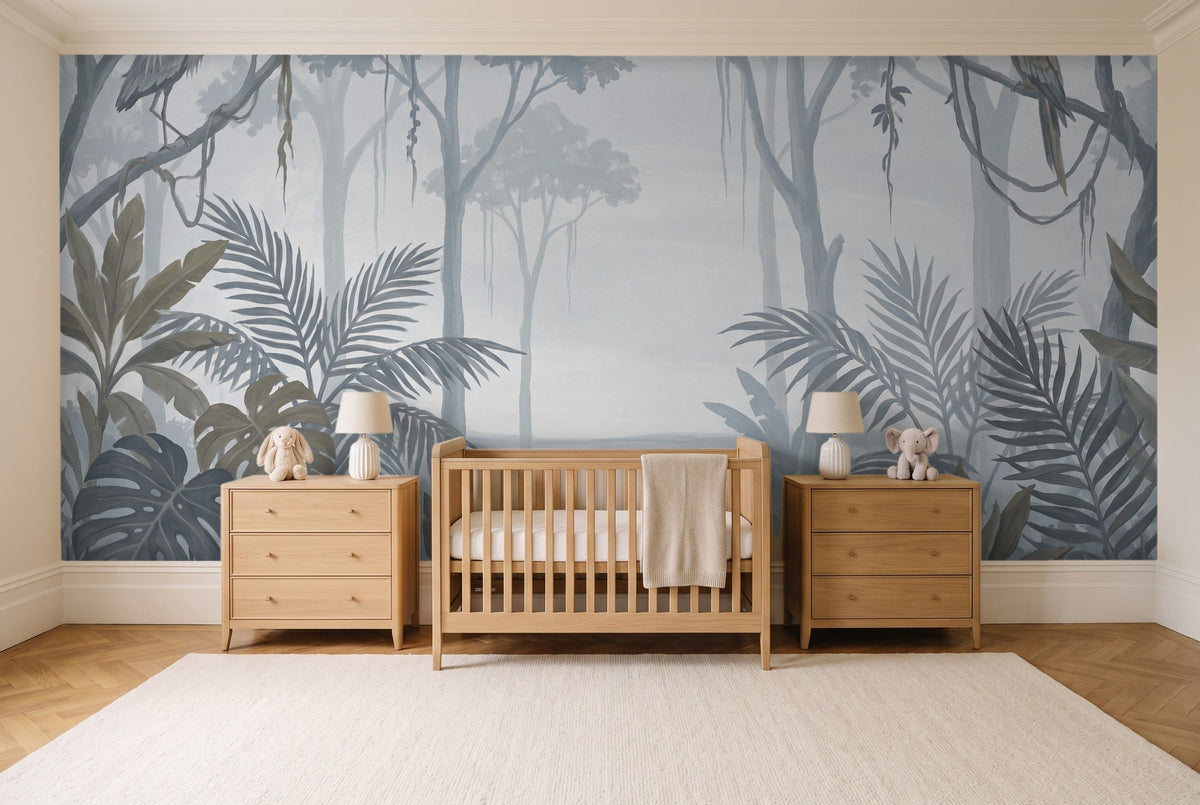 Blue And Grey Jungle Tropical Mural in a nursery