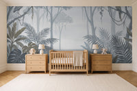 Blue And Grey Jungle Tropical Mural in a nursery