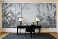 Blue And Grey Jungle Tropical Mural in a home office