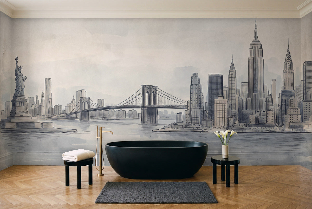 Blue And Grey New York Cityscape Mural in a bathroom