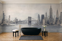 Blue And Grey New York Cityscape Mural in a bathroom