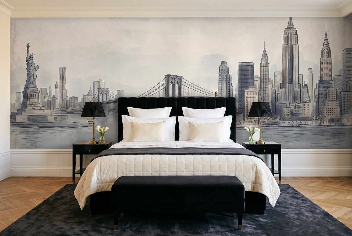 Blue And Grey New York Cityscape Mural in a bedroom