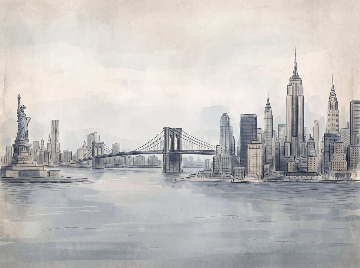 Blue And Grey New York Cityscape Mural