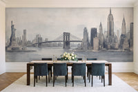 Blue And Grey New York Cityscape Mural in a dining room