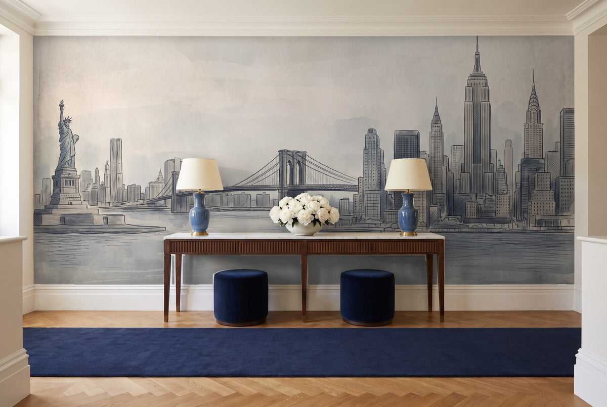 Blue And Grey New York Cityscape Mural in an entryway