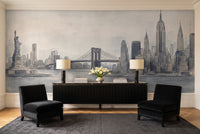 Blue And Grey New York Cityscape Mural in a living room