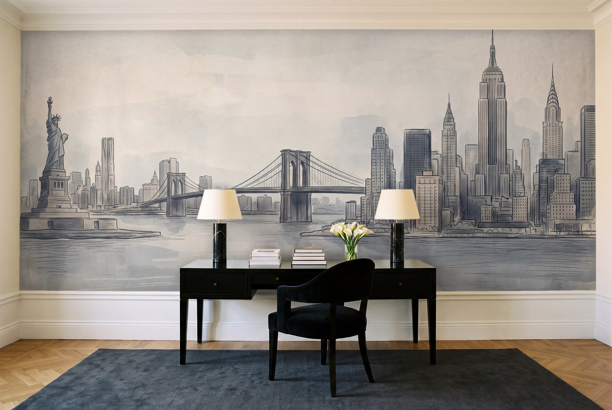 Blue And Grey New York Cityscape Mural in a home office