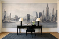 Blue And Grey New York Cityscape Mural in a home office