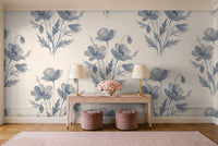 Blue And Grey Poppy Floral Mural in an entryway