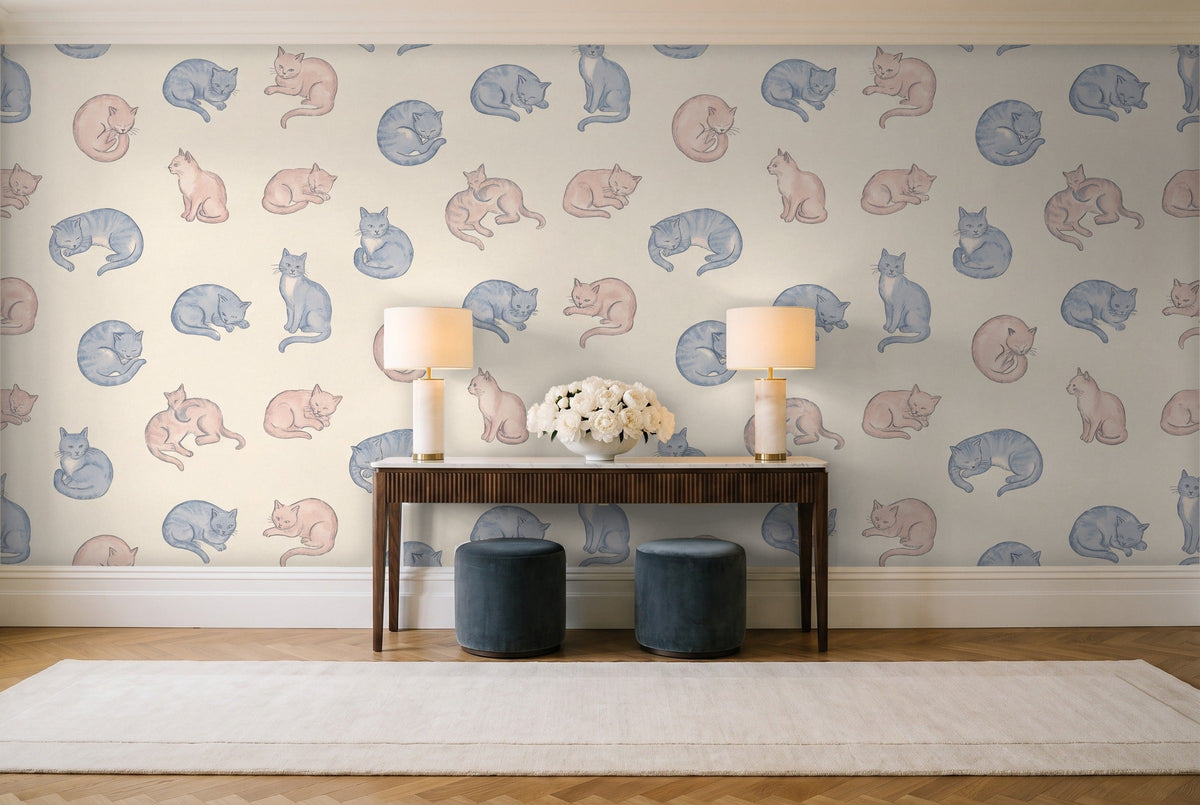 Blue And Pink Cat Animal Mural in an entryway