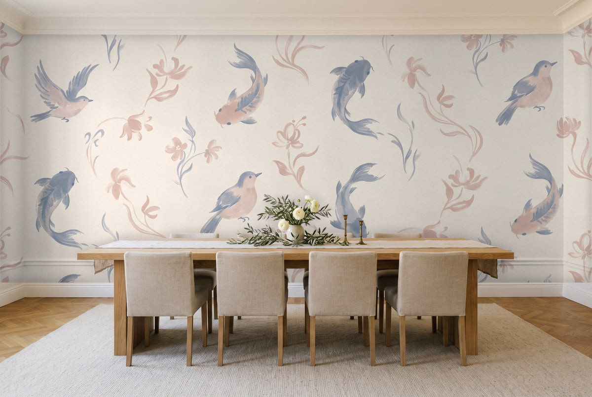 Blue And Pink Fish Animal Mural in a dining room
