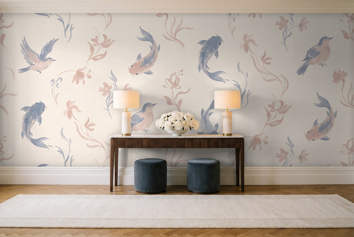 Blue And Pink Fish Animal Mural in an entryway