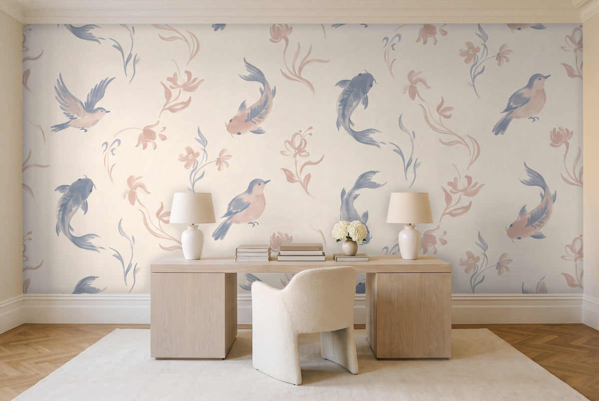 Blue And Pink Fish Animal Mural in a home office