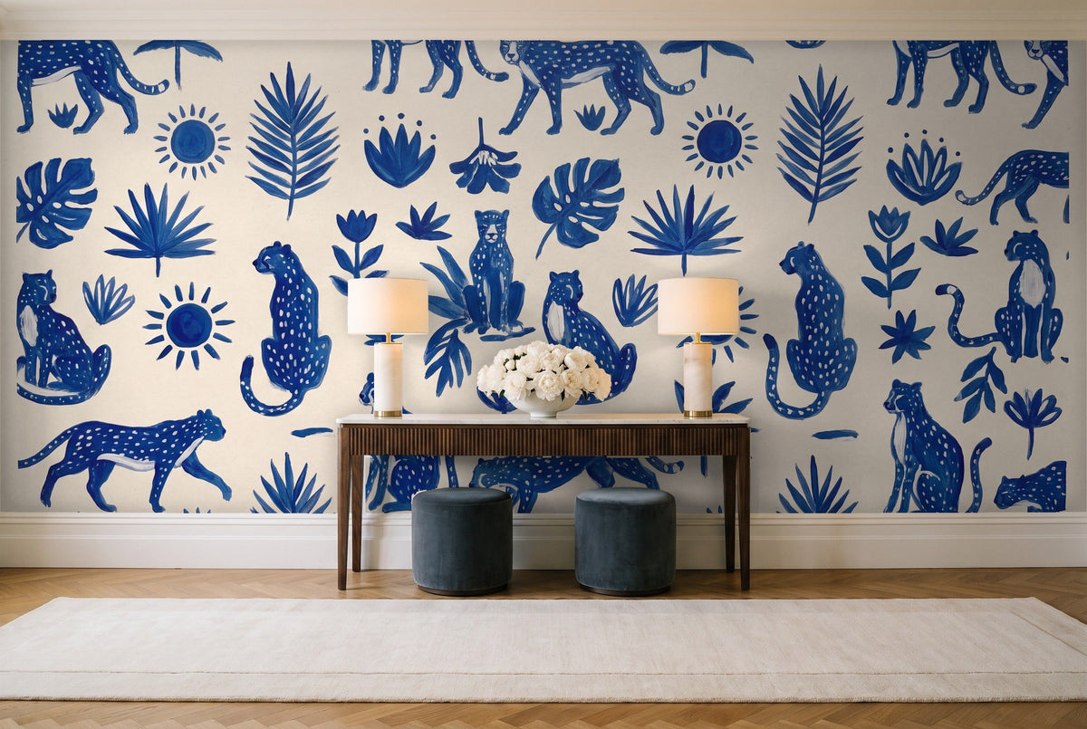 Blue And White Cheetah Animal Mural in an entryway