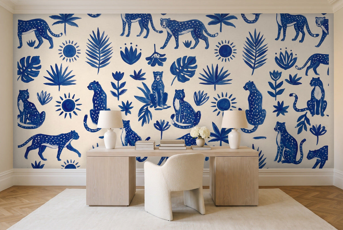 Blue And White Cheetah Animal Mural in a home office