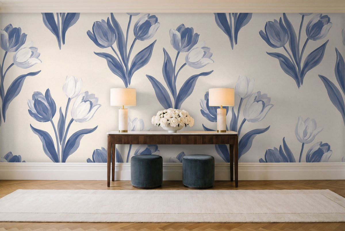 Blue And White Tulip Floral Mural in an entryway