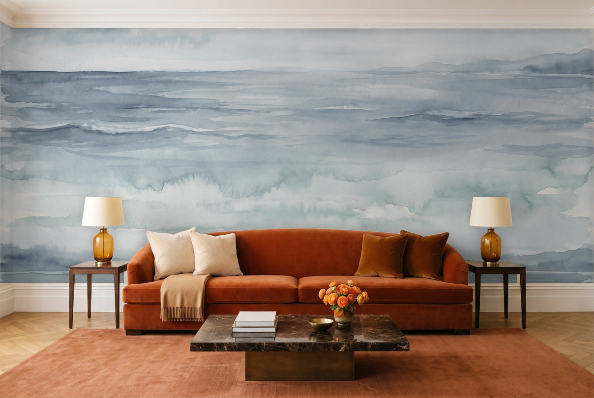 Blue Ocean Landscape Mural in a living room