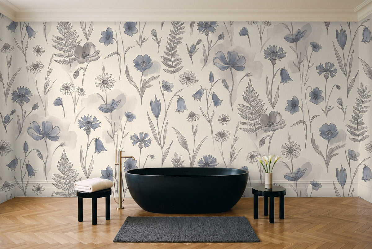 Blue Wildflower Floral Mural in a bathroom