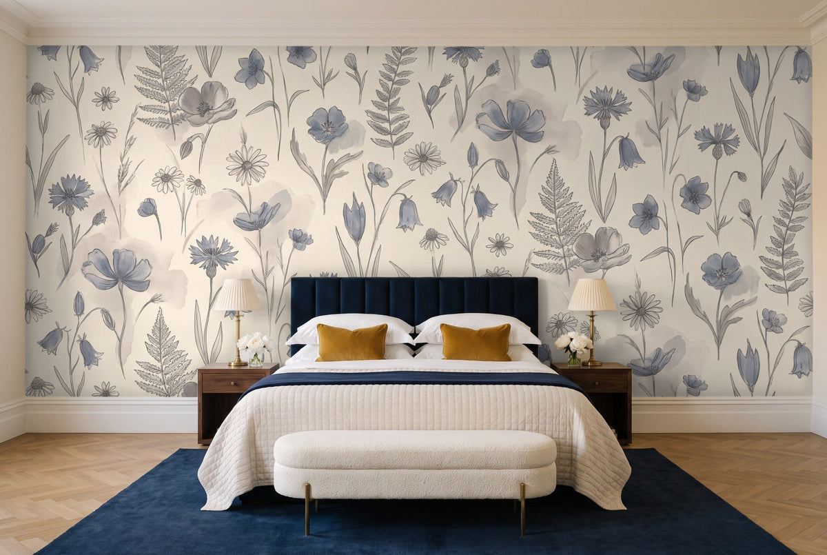 Blue Wildflower Floral Mural in a bedroom