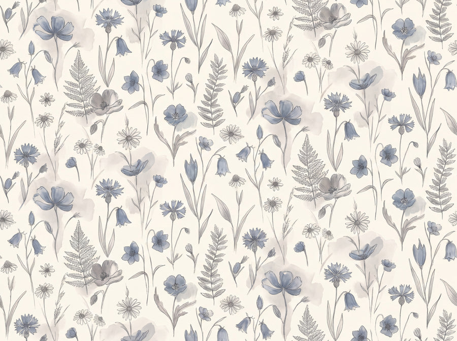 Blue Wildflower Floral Mural, preview of the area printed on your wall
