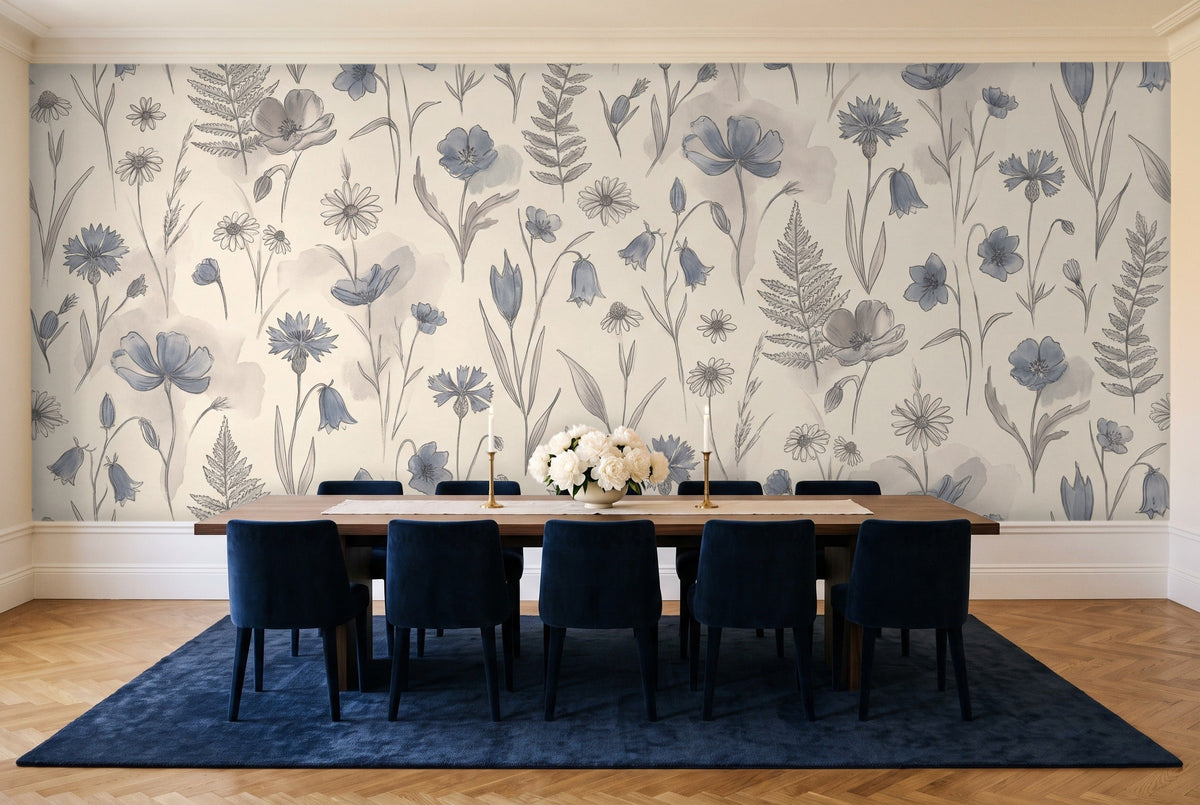Blue Wildflower Floral Mural in a dining room